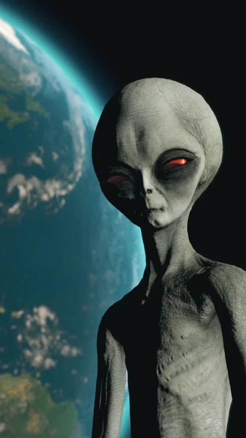 Scary gray alien stands on the moon and looks blinking. Planet Earth Is Visible. Stock Footage 310844998