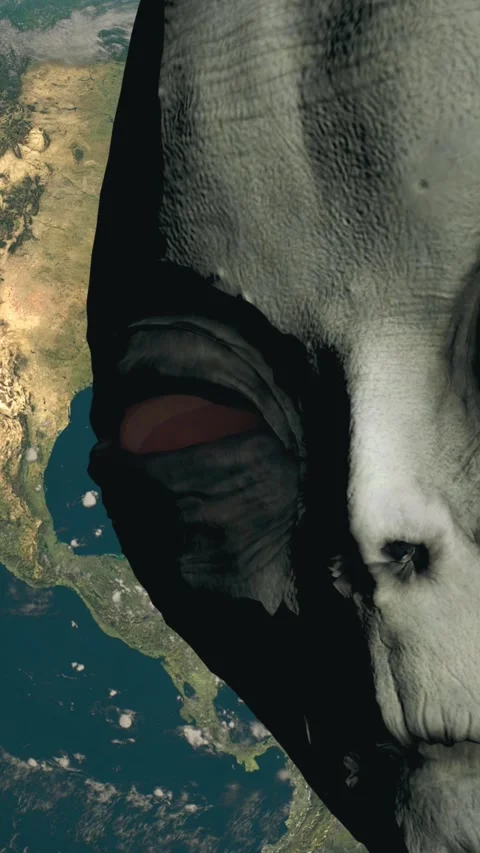Scary gray alien stands on the moon and looks blinking. Planet Earth Is Visible. Stock Footage 310845006
