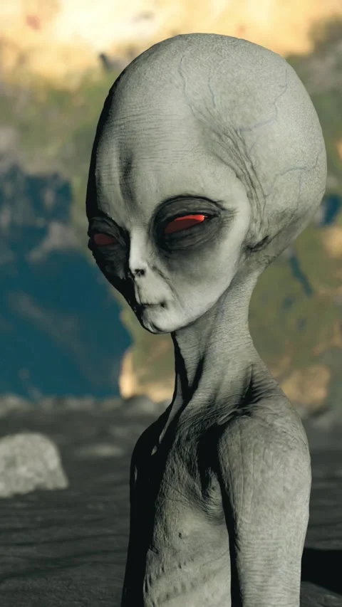 Scary gray alien stands on the moon and looks blinking. Planet Earth Is Visible. Stock Footage 310845054
