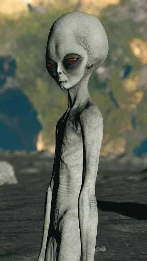 Scary gray alien stands on the moon and looks blinking. Planet Earth Is Visible. Stock Footage 310845154