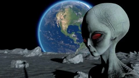 Scary gray alien stands on the moon and looks blinking. Planet Earth Is Visib Stock Illustration