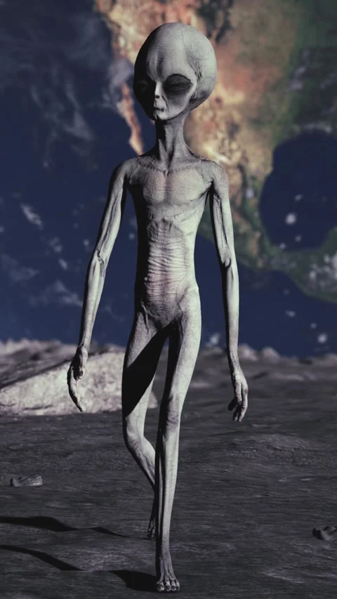 Scary gray alien walking on the surface of the moon. Planet Earth Is Visible. Stock Footage 310845244