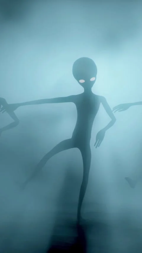 Scary gray aliens dancing on a dark smoky background. UFO futuristic concept. 3D Stock Footage 310963846