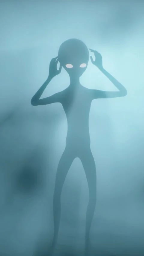 Scary gray aliens dancing on a dark smoky background. UFO futuristic concept. 3D Stock Footage 310963852