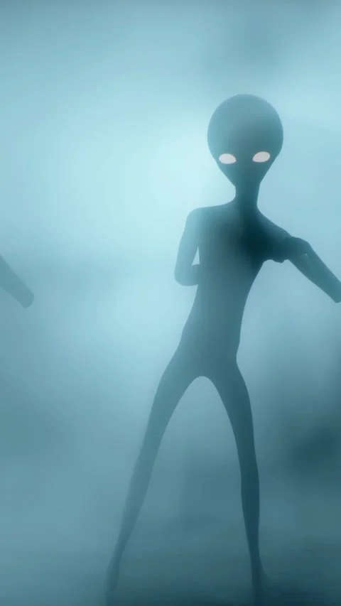 Scary gray aliens dancing on a dark smoky background. UFO futuristic concept. 3D Stock Footage 310963853