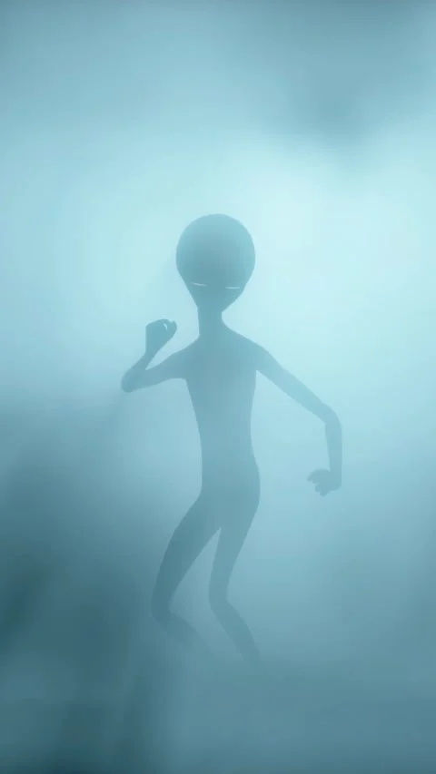 Scary gray aliens dancing on a dark smoky background. UFO futuristic concept. 3D Stock Footage 310963860