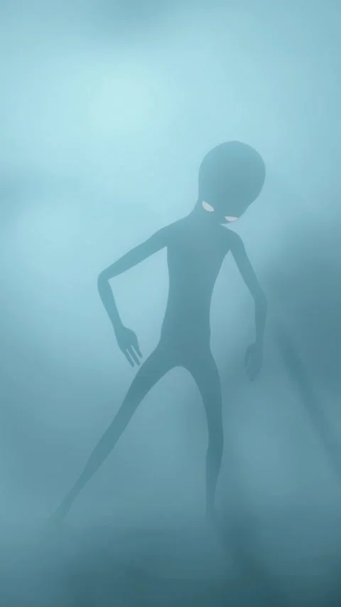 Scary gray aliens dancing on a dark smoky background. UFO futuristic concept. 3D Stock Footage 310963869