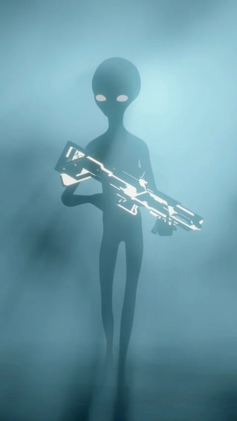 Scary gray aliens with weapons in their hands walk into the volumetric light. 3D Stock Footage 310963875