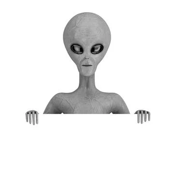 Scary Gray Humanoid Alien with Blank Presentation or Information Board. 3d Re Stock Illustration