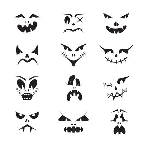 Scary Halloween faces vector set. Halloween pumpkin or ghost grimaces. Illustrazione stock