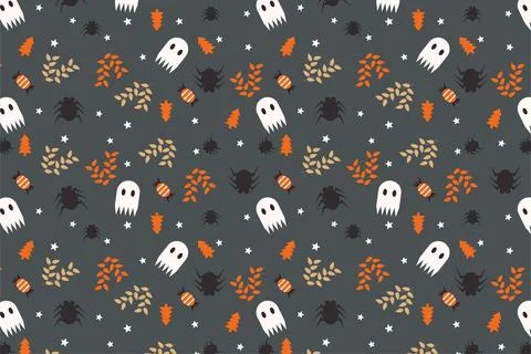 Scary Halloween pattern background with cute ghosts and dead leaves vector. H Illustrazione stock