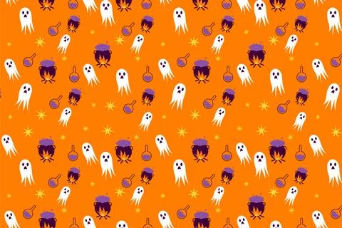 Scary Halloween pattern vector with ghosts and witch bowls. Seamless Hallowee Illustrazione stock