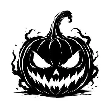 Scary halloween pumpkin with a spooky face and smoke effect drawn in a black and Stock Illustration