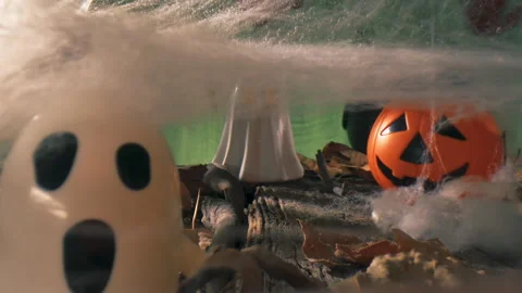 Scary Halloween Setting With Little Pumpkins And Ghost Stock Footage 252522736