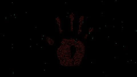 Scary hand with matrix code on plain black background Stock Footage 238830659