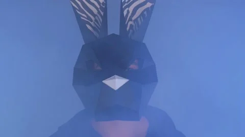Scary hare mask. turns to camera. The guy in the mask of a hare. Stock Footage 166399757