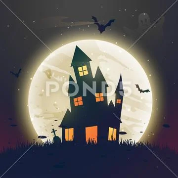 Scary haunted halloween house in front of moon Stock Illustration