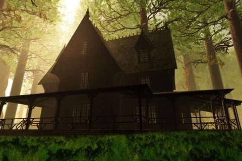 Scary House in Deep Forest 3D render Illustrazione stock