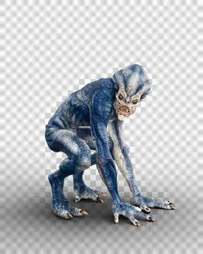 Scary humanoid alien creature with blue grey skin and sharp teeth crouching o Stock Illustration