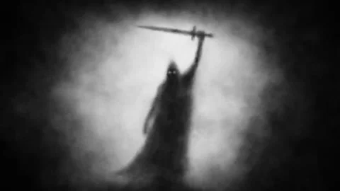 Scary knight ghost with sword in smoke. Gloomy ancient warrior silhouette.  Stock Footage 337323672