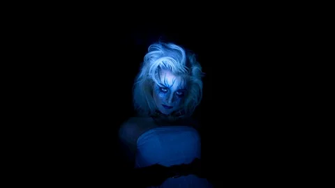 Scary Lady looks into camera while turning Stock Footage 117455566