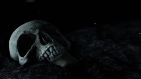 Scary Looking Human Skull in a Horror Atmosphere Stock Footage 130584496