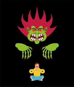 Scary man scaring guy. Nightmare monster with long claws. Vector illustration Ilustração Stock