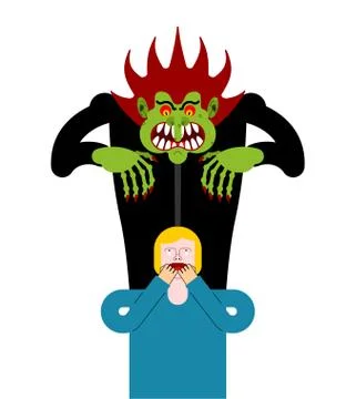 Scary man scaring guy. Nightmare monster with long claws. Vector illustration Ilustração Stock