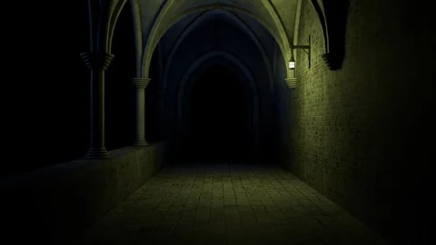 Scary monastery corridor at night animation. Vídeo Stock 254994359