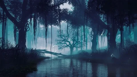 Scary night forest and mystical firefly lights above river 4K Stock Footage