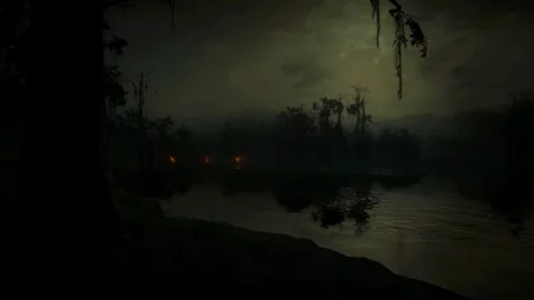 Scary Night Scene, Moonlight, Horror in the Fog, Dark Forest, Mystical Trees Stock Footage 270464122