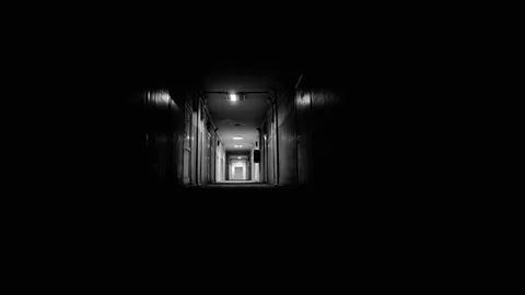 Scary Paranormal Long Empty Corridor with Distortion Effects Horror Thriller Vídeo Stock 125414278