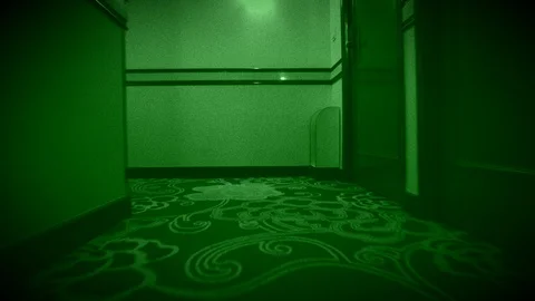 Scary Paranormal Long Empty Corridor with Night Vision Effect Spooky Horror Stock Footage 126566506