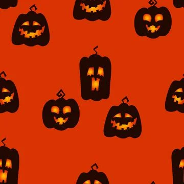 Scary pumpkin faces seamless pattern. Glowing Lantern Jack holiday print design. Stock Illustration