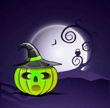 Scary pumpkin with witch hat on full moon light night background for Happy .. Stock Illustration