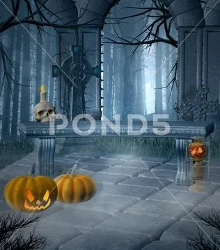Scary pumpkins in a gothic cemetery scenery Stock Illustration