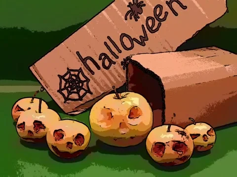 Scary pumpkins on a green surface Stock Footage 344463963