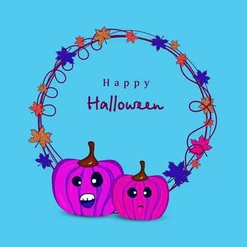 Scary pumpkins with maple leaf decorated circle on beige background for Hap.. 스톡 일러스트