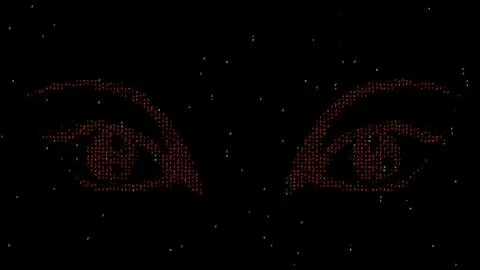 Scary red eyes with matrix code on plain black background Stock Illustration