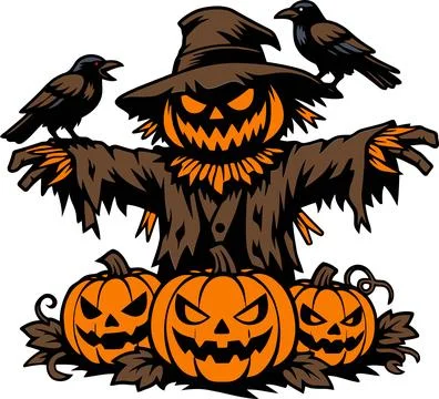 Scary Scarecrow with Jack-o'-Lanterns and Crows for Halloween Stock Illustration