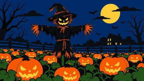 Scary scarecrow standing in pumpkin patch under moonlit sky with bats and h.. Stock Illustration