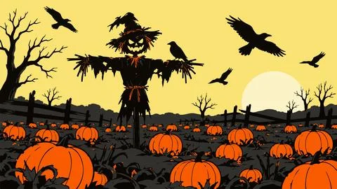 Scary scarecrow standing in pumpkin patch with flying crows under yellow tw.. Stock Illustration