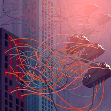 Scary sci-fi cloud devices connecting with city buildings Illustrazione stock