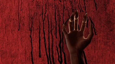 Scary, sharp-clawed hand reaching out against a dark red textured wall cove.. Stock Photos