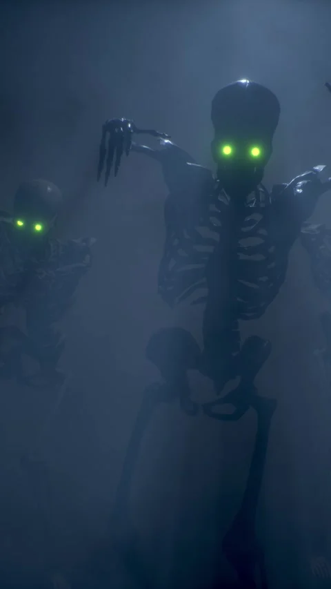 Scary skeleton with glowing eyes attacking. Halloween concept. Stock Footage 311977484