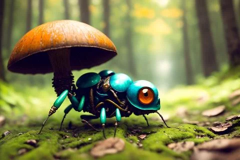 Scary small evil goblin-insect infected by parasite mushroom in the forest, A Stock Illustration