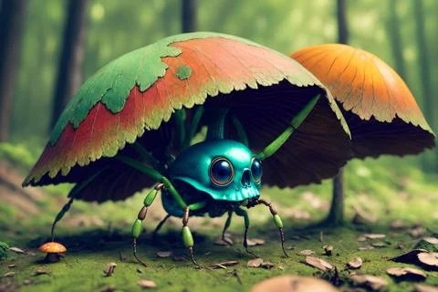 Scary small evil goblin-insect infected by parasite mushroom in the forest, A Illustrazione stock