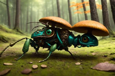 Scary small evil goblin-insect infected by parasite mushroom in the forest, A 스톡 일러스트