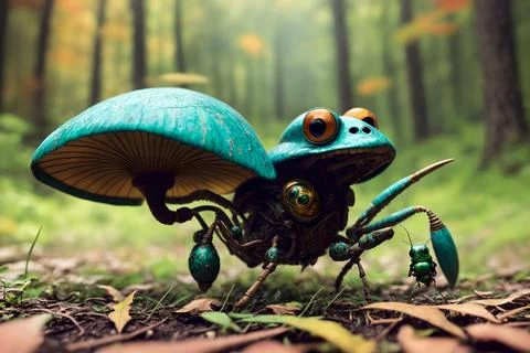 Scary small evil goblin-insect infected by parasite mushroom in the forest, A Stock Illustration