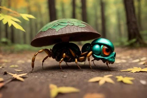 Scary small evil goblin-insect infected by parasite mushroom in the forest, A 스톡 일러스트